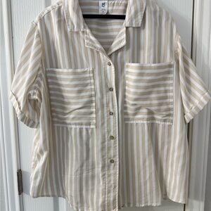 Striped Beige and White Button-Up Shirt